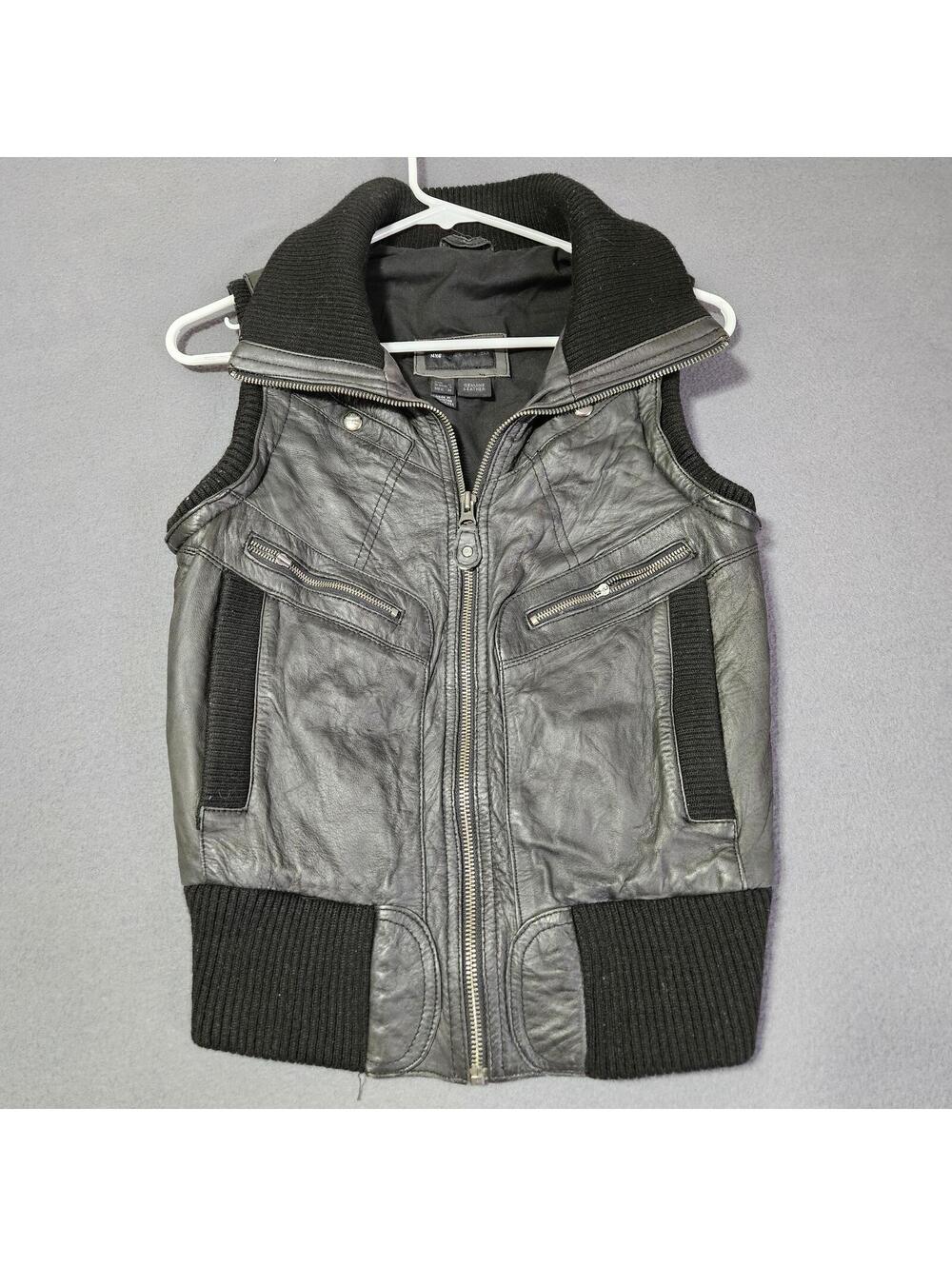 MNG Casual Sportswear Black Genuine Leather Vest Size S Zip Up Biker